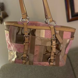 Coach authentic, pink, tan patchwork leather tote.